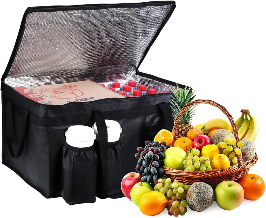 Food Delivery Bag,3XL Insulated Food Transport Bag with Cup Holder - Reusable Cooler Bag for Cold and hot Food with lid and Double Zipper