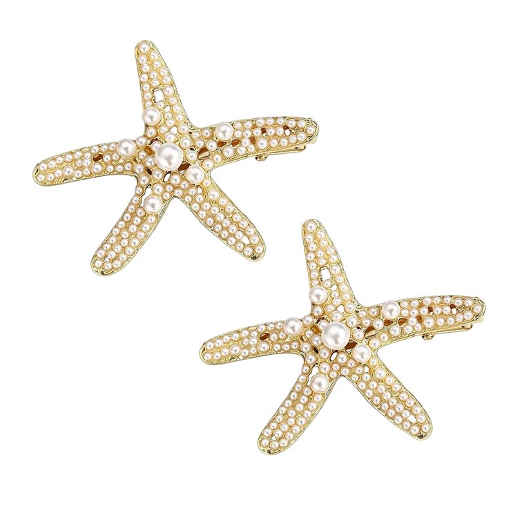 2PCS Gold Pearl Starfish Hair Clips for Women,Sea Star Mermaid Hair Clip,