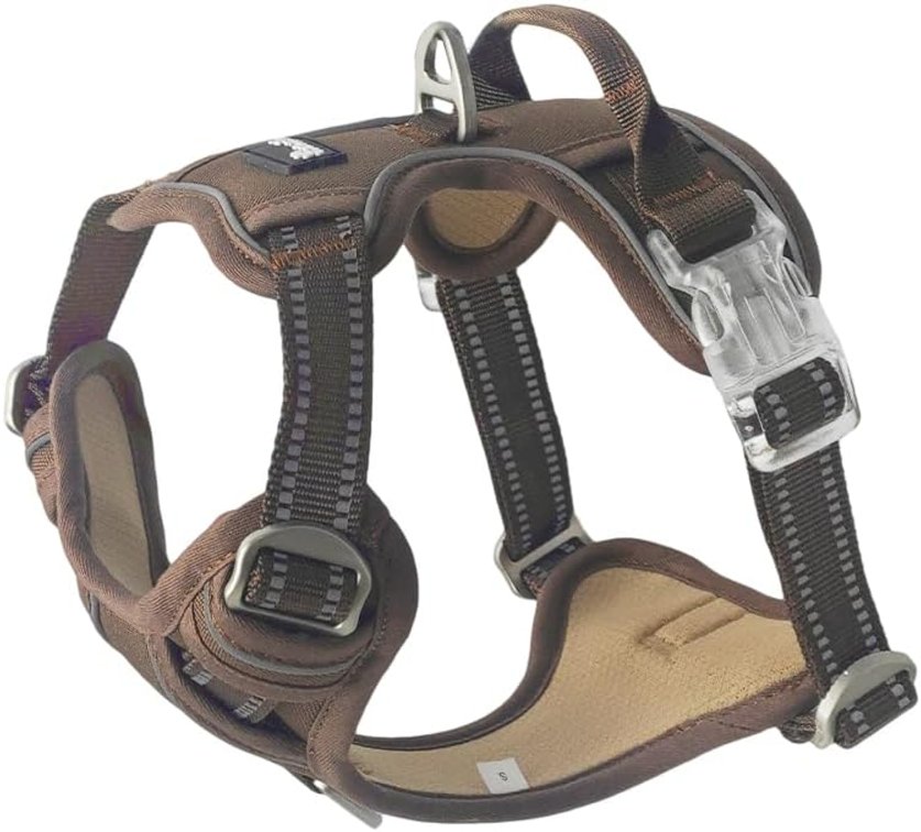 Size Medium OUT'N WILD Quality No-Pull Dog Harness with 2 Leash Clips. Adjustable Soft Padded Reflective No-Choke Pet Oxford Vest, Easy Control Handle, Premium Transparent Buckles and Perl Nickel Hardware:Brown/M