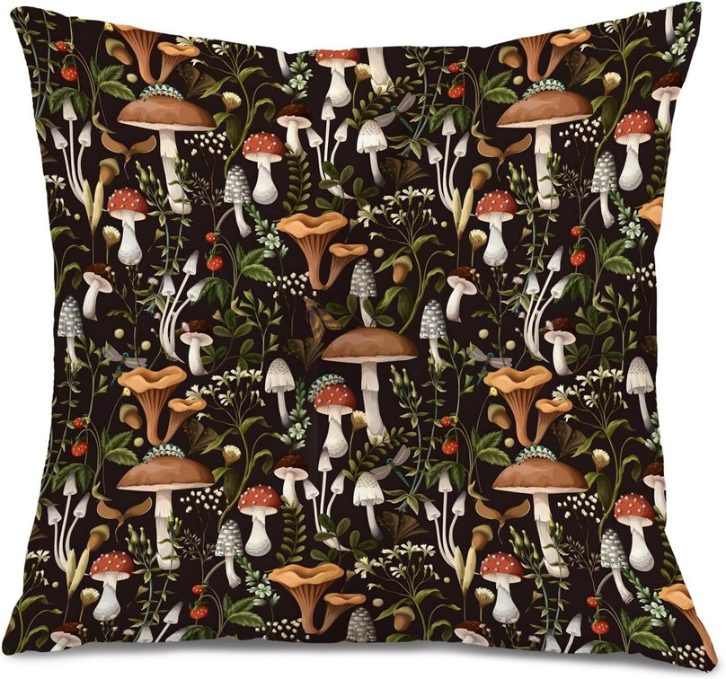 Vintage Boho Floral Mushroom Pillow Covers 18x18, Dark Cottagecore Decor, Rustic Nature Mushroom Floral Botanical Decorative Throw Pillow Covers for Farmhouse Home Bedroom Living Room