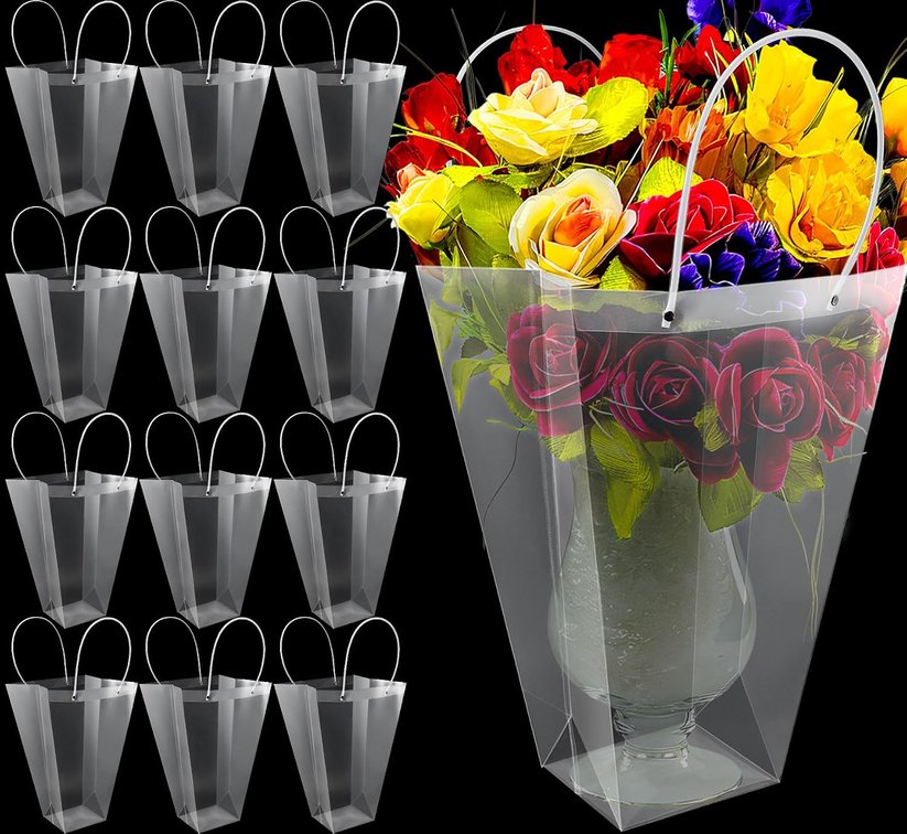 RAIHOMKIT 12PCS Clear Flower Bouquet Bags, Large Flower Bags for Bouquets, 11.4"x5.9"x16.7" Floral Packing Wrap Bag with Handles, Plastic Florist Gift Packaging Gift Bag for Wedding Father Mother Day