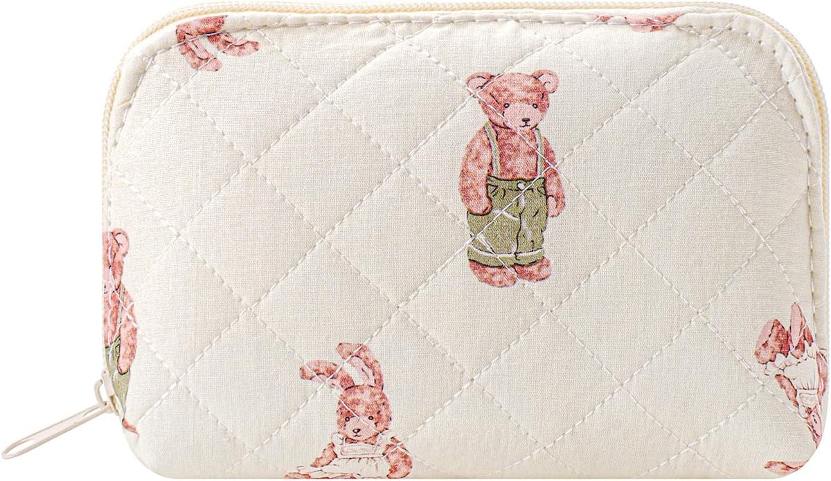 JOVAKIT Quilted Conch Shaped Makeup Bag Cosmetic Bag for Women, Floral Coquette Cotton Travel Makeup Case Toiletry Zipper Make Up Pouch, Travel Storage Organizer Stuff (Rabbit Bear)