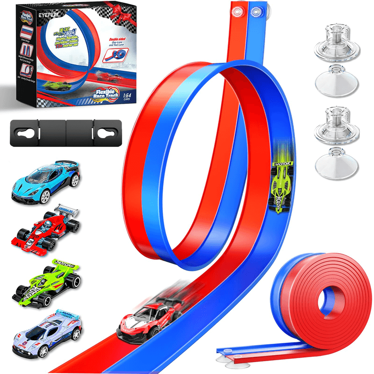 15 Ft Flexible Race Car Track for Kids, Double-Sided 15ft, Blue and Red
