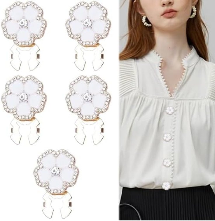 20MM Rhinestone Button Covers   5 Sets for Blouses & Tuxedos, 12 Extra Sewing Buttons, Sparkling Dress Shirt &Blouses Upgrade (Ideal for DIY & Gifts) (White Camellia)
