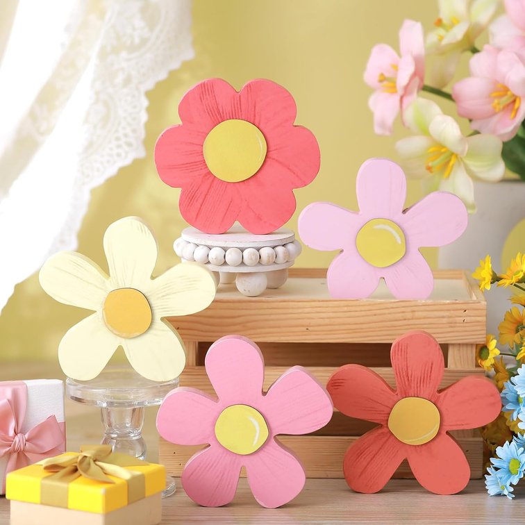 Threehoney Spring Wooden Daisy Flowers Tabletop Decor Farmhouse, Pink