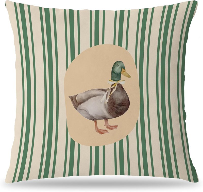 Vintage Mallard Duck Green Striped Pillow Covers 18x18, Mallard Duck Nursery Decor, Farmhouse Wild Animal Pillow Cover Pillowcase for Kids Room Home Living Room Bedroom Sofa Couch