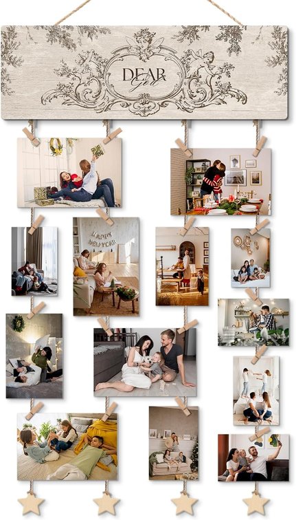 Christian Picture Frames Collage Photo Hanging Display, Christian Wall Art, Family Picture Frames Collage Wall decor, Dear God Picture Board Wood Rustic Frame, Hanging Photo Display with Clips