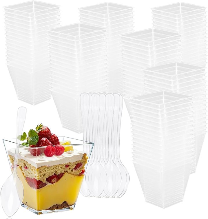 100 Pack 7 oz Square Plastic Dessert Cups Mini Parfait Cup Plastic Pudding Cups Clear Appetizer Cup with 100 PCS Tasting Spoons for Ice Cream, Salad, Jello, Mousse
