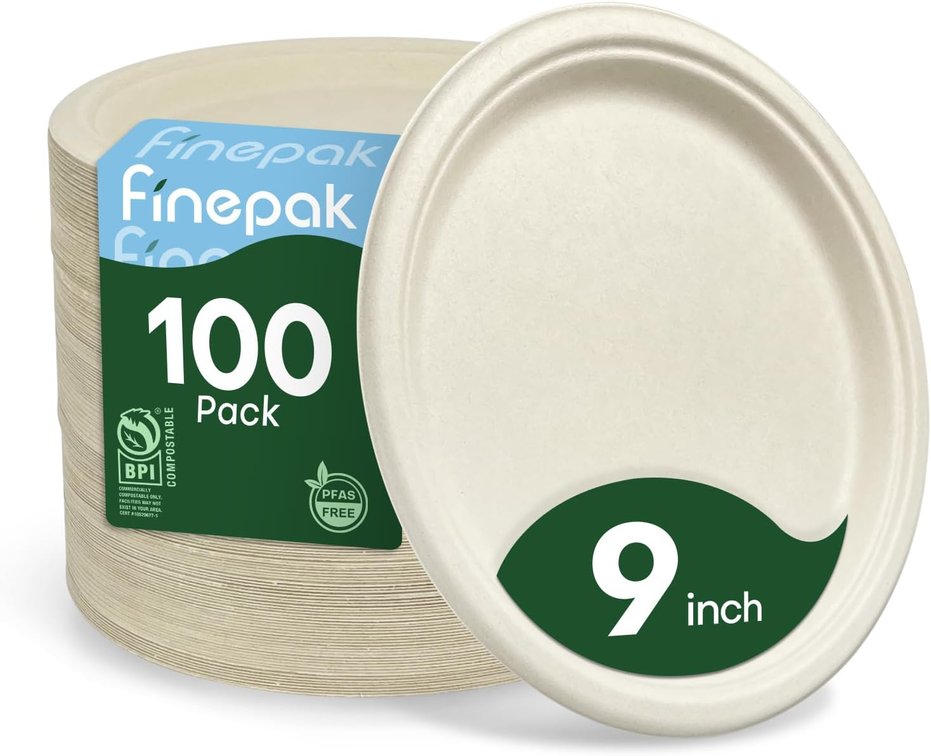 Compostable Paper Plates 9 Inch Heavy Duty Paper Plates 100 Pack, Disposable Plates Biodegradable Dinnerware for Everyday Use, Party, Family (Microwave Safe)