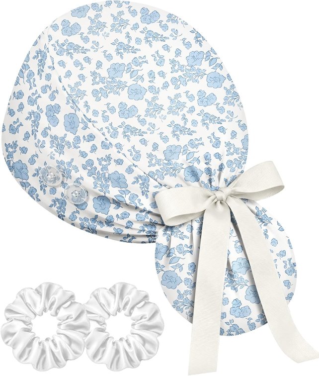 Plifal 100% Cotton Adjustable Ponytail Scrub Cap with Buttons & Sweatband