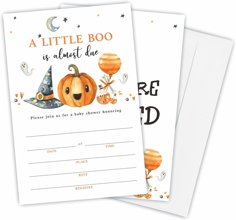 A Little Boo Is Almost Due - 25 Baby Shower Invitations With Envelopes, Halloween Pumpkin & Wizard Hat Invites For Gender Reveal, Baby Announcement Party Favors - C04
