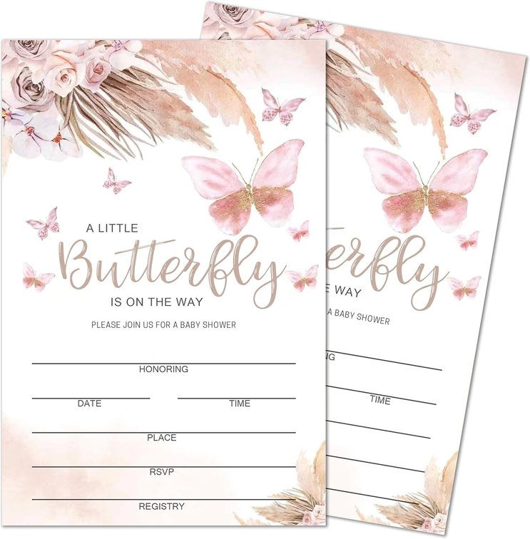 Baby Shower Invitations, Baby Shower Party Invitations for Boy Girl, 25 Sets Pink Pampas Grass Fill in Invites Cards with Envelopes, A Little Butterfly is on Her Way Baby Shower for Party Supplies