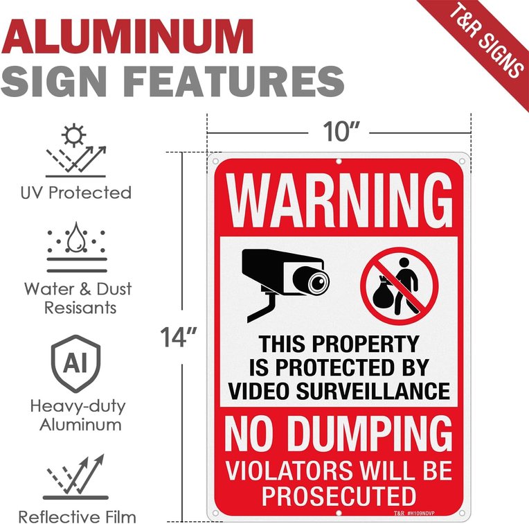 2 SIGNS- No Dumping Sign, Property Protected By Video Surveillance Sign, 14" x 10" Rust Free .040 Aluminum Reflective, Weather Resistant, Waterproof, Fade Resistant, 6 Pre-drilled Holes