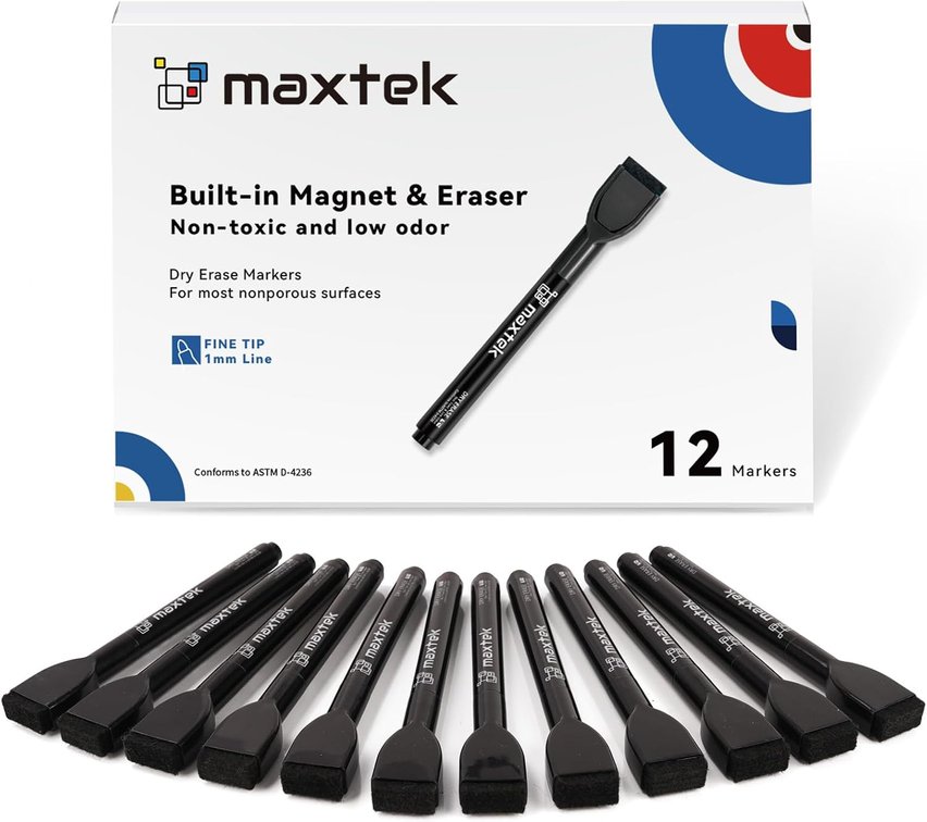 maxtek Magnetic Black Dry Erase Markers with Eraser, Fine Tip, 12 Count