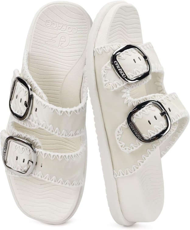 Size 7 Women's Stiched Trendy Summer Sandals Cloud Soft Cushioned Beach Slides Pattened Upper Double Adjustable Strap Big Buckle Open Toe Slip On Trending Flat Sandals for Vacations Outfit Size 6-12