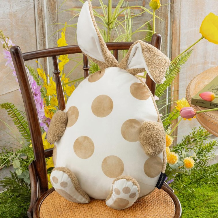 Phantoscope Happy Easter Shaped Throw Pillow, Plush Sherpa Egg Pillow with Bunny Ears & Tail, Soft Velvet Easter Pillow with Mottled Polka Dot for Living Room Bedroom,Beige, 16.5 x 14 inches