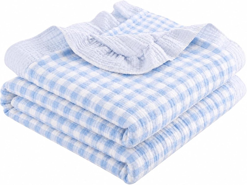 Breling Blue Gingham Muslin Baby Blanket for Girl Boy 40x36 Inch