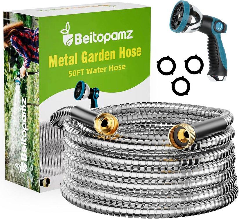 Beitopamz Metal Garden Hose 50 ft with Nozzle, Stainless Steel