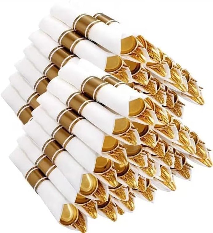 400PCS Pre Rolled Gold Plastic Silverware Sets for Thanksgiving