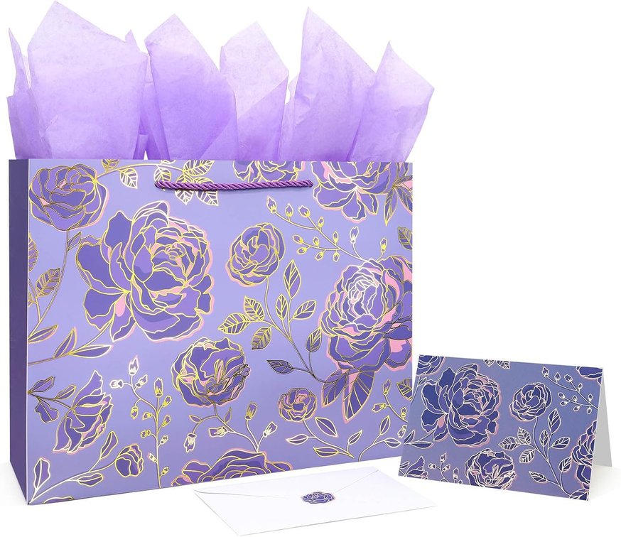 Oletx 13" Gold Purple Flower Paper Gift Bags,Happy Birthday Gift Bags
