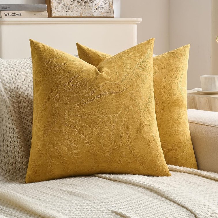 FUTEI Pack of 2 Velvet Leaf Throw Pillow Covers 22x22 Inch, Golden Yellow