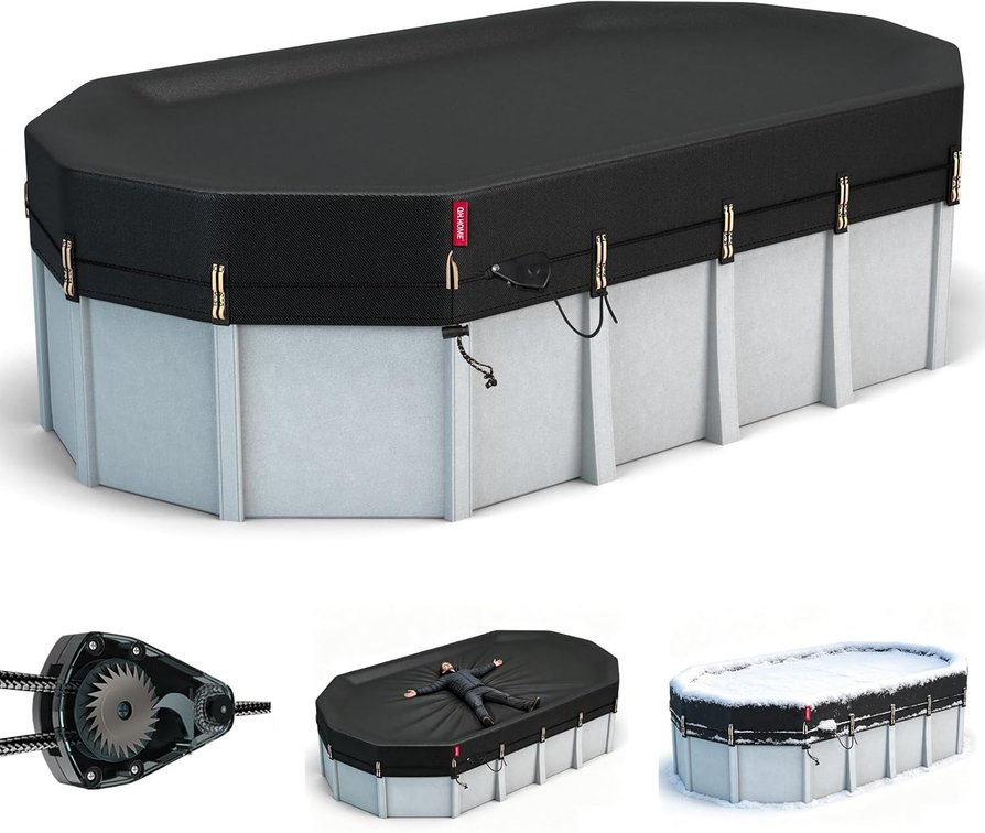 QH.HOME 12x18 Ft Oval Pool Cover for Steel Wall Pool,Ultimate Windproof & Tear-Resistant Fabric,Snug Fit with Patented Ratchet & Weight Rings, Blocks Leaves &Waterproof