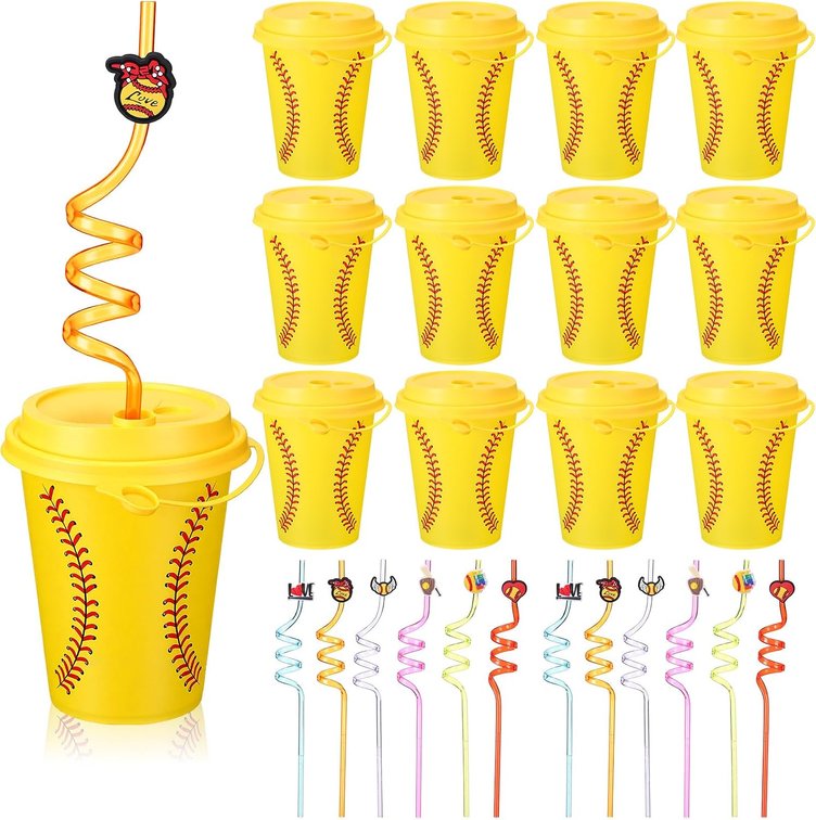 LemonRoad Softball Party Cups 12 oz, 12 Set Reusable Plastic Tumblers with Lids and Straws, Softball Themed Party Favors for Birthday, Team Events, Sport Fans Supplies