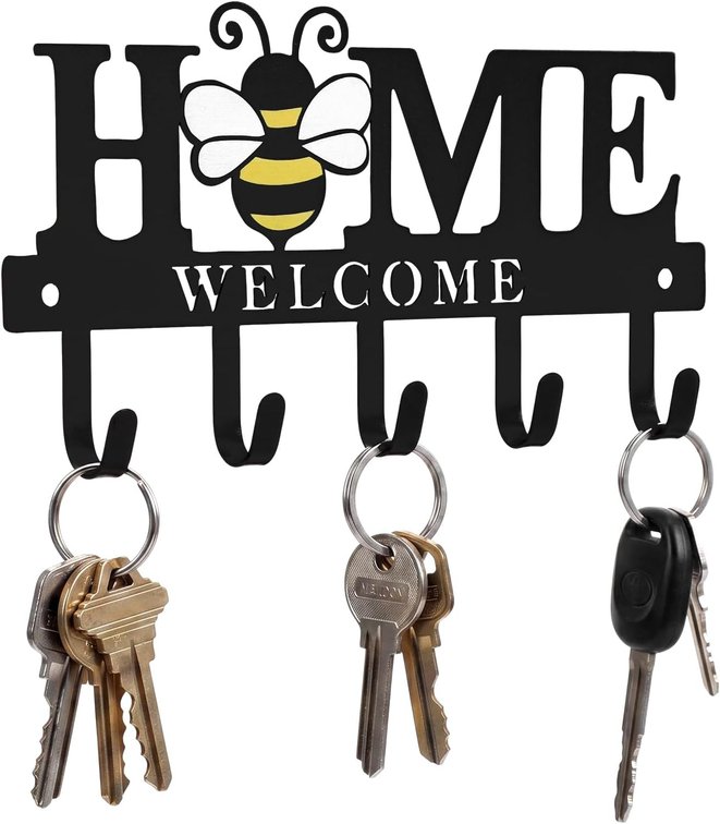 Key Holder Wall Mount Bee Metal Key Hooks Organizer Hanger Coat Rack with 5 Hooks Rustic Farmhouse Decorative Welcome Home Wall Decor for Entryway Bathroom Hallway Living Room 9.8 Inch