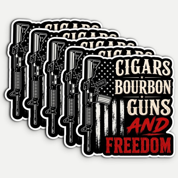 5Pcs Cigars Bourbon Guns and Freedom Sticker 3in Waterproof Vinyl Decal