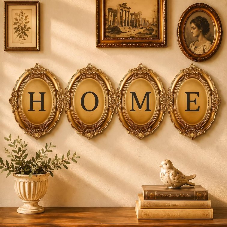 Sieral Home Vintage Wall Decor - Set of 4 Individual Antique Gold Letters, Vintage Frame Wall Sculpture Retro Baroque Style, Gallery Wall-sculpture for Living Room, Hall, Elegant Wall-decor