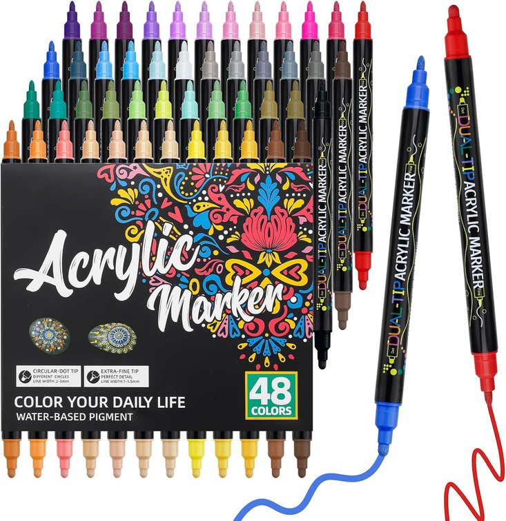 Craiiby 48 Colors Dual Tip Acrylic Paint Pens, Fine Tip & Dot Tip Acrylic Paint Markers, Water-Based Permanent Paint Pens for Rock Painting, Canvas, Glass, Ceramic, Wood, DIY Craft Art Supplies