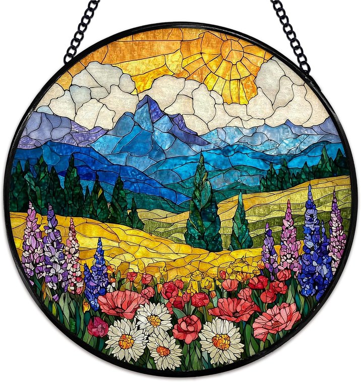 Mountain Landscape Flower Suncatcher Stained Glass Window Hanging, Cottagecore Wildflower Sun Catchers Indoor Window Glass Wall Art Decor, Nature Wall Hanging Decorations, 7.9x7.9 inch