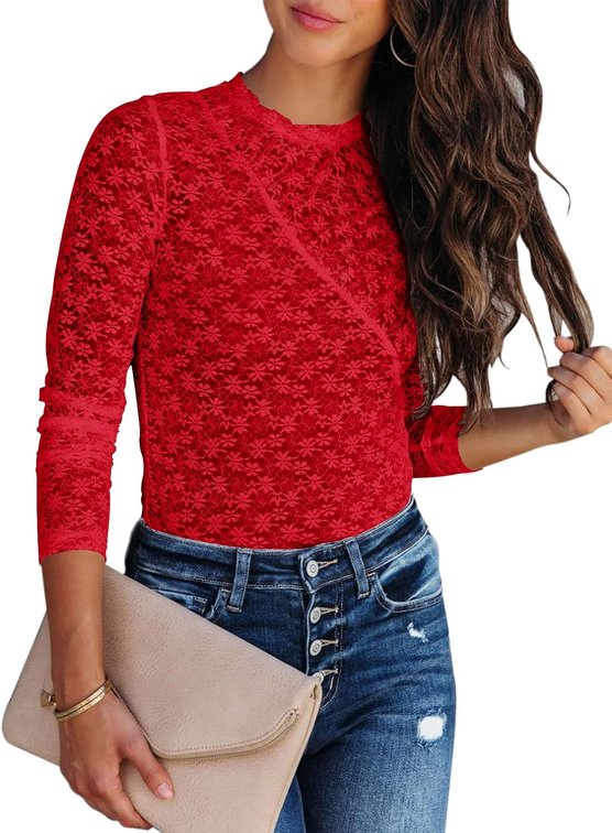 Size XL Lace Undershirt for Women Mesh Long Sleeve Floral Crochet Tops Sheer Layering Blouse Western Cowgirl Concert Outfits