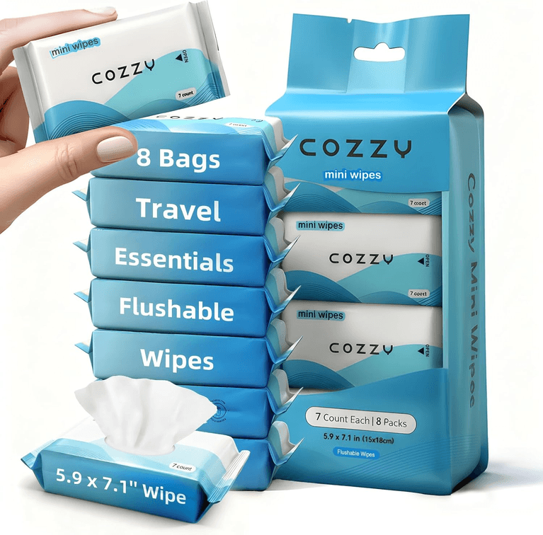 COZZY Travel Flushable Wipes - Hypoallergenic & Unscented with 99.6% Water