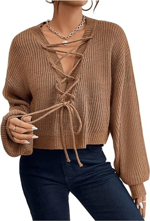 Size L SHENHE Women's Lace Up Deep V Neck Sweater Lantern Sleeve Fall Dressy Knit Sweater Pullover