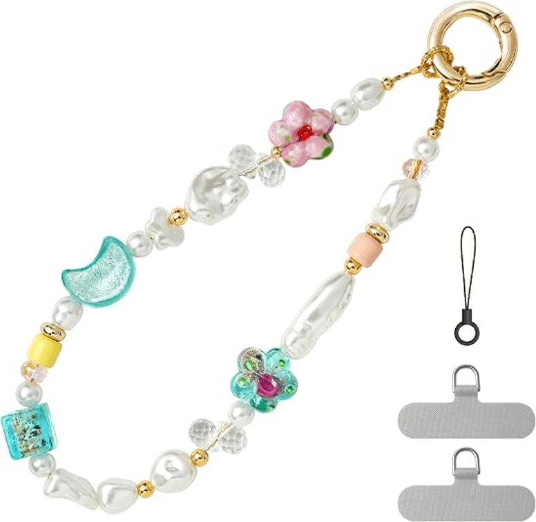 Phone Charm Colorful Crystal Pearl Beaded Chain Bracelet