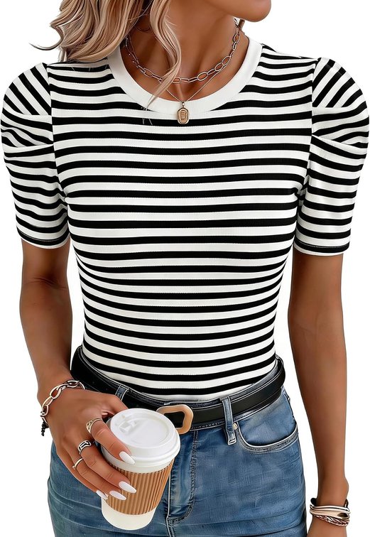 size medium - LYANER Women's Short Puff Sleeve Cotton Tops Crew Neck Striped Shirt Blouse Trendy Going Out Tops