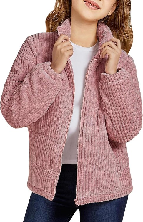 size 12-13 years - Floral Find Girls Long Sleeve Winter Jacket Coats Zip Up Stand Collar Corduroy Quilted Outerwear Jackets with Pocket (Pink, 12-13Y)