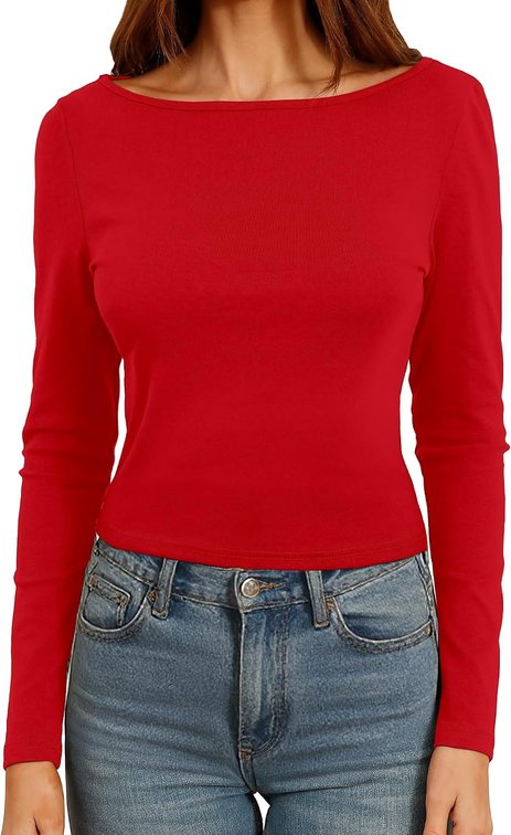 size xs - Dwnval Womens Cute Boat Neck Long Sleeve Crop Tops Soft Ribbed Knited Cropped Tees