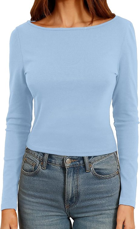 size large - Dwnval Womens Cute Boat Neck Long Sleeve Crop Tops Soft Ribbed Knited Cropped Tees