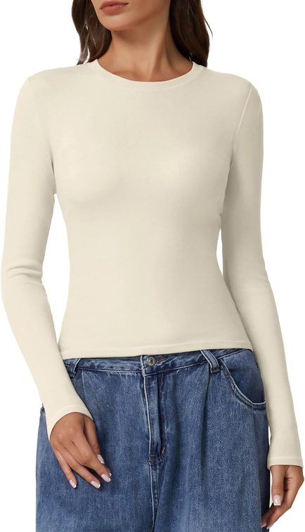 size xl - QINSEN Long Sleeve Shirts for Women Crewneck Rib Knit Slim Fit Going Out Tops Casual Basic Tee