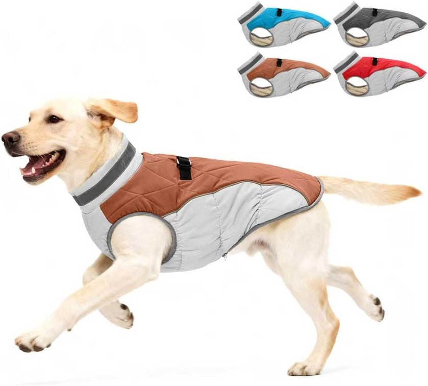 size medium - Dog Winter Coat for Medium Dogs, Adjustable Puppy Warm Jackets in Cold Weather, Reflective Pet Fleece Vest with External Attachment Points, Zippered Cold-Weather Dog Winter Clothes, M Brown