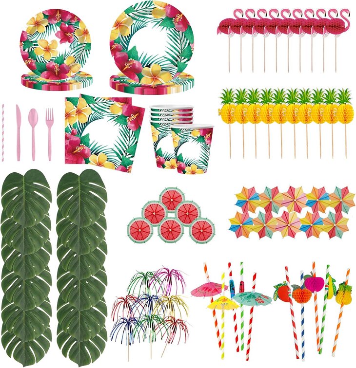 Luau Party Decorations Hawaiian Tropical Party Supplies Set of 162Pcs - Includes Hibiscus Plates, Napkins, Utensils, and Artificial Leaf Table Runner for Beach Summer Birthday