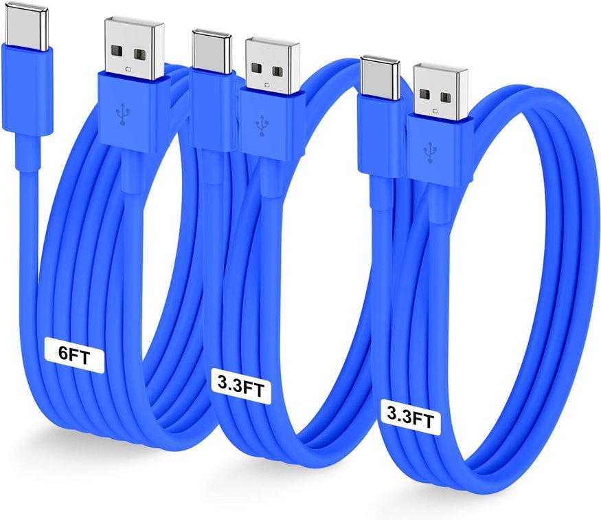 LOFPYE 3-Pack Blue 3.3FT+3.3FT+6FT USB A to USB C Cable USB to USB C Car Carplay Cable for iPhone 16 15 Pro Plus Pro Max for iPad Pro/Air/Mini for Samsung S24/S23/S22 for MacBook Pro/Air and More