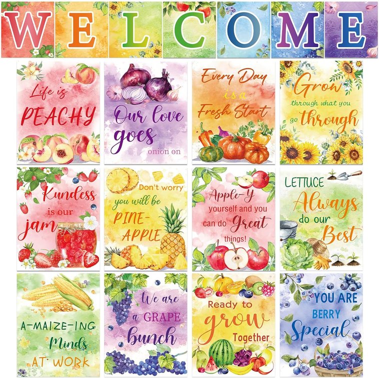 19 Pcs Farmers Market Posters Fruit and Vegetable Motivational Bulletin Board Welcome Banner Growth Mindset Inspirational Pun Posters Fresh off the Market Decor for Back to School Classroom Wall Decor