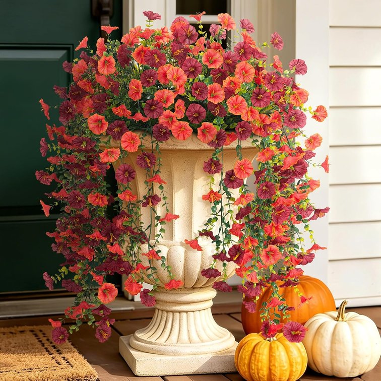 ADXORA 2 PCS Fake Fall Artificial Morning Glory Mums Flowers for Outdoors