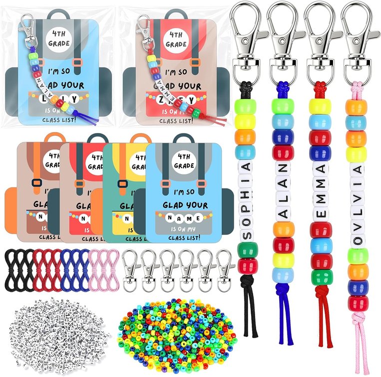 24 Set Back to School Gifts Includes Keychain Making Kit with Gift Cards DIY Bead Crafts Adjustable Letter Beads Welcome First Day of School Student Teacher Supplies