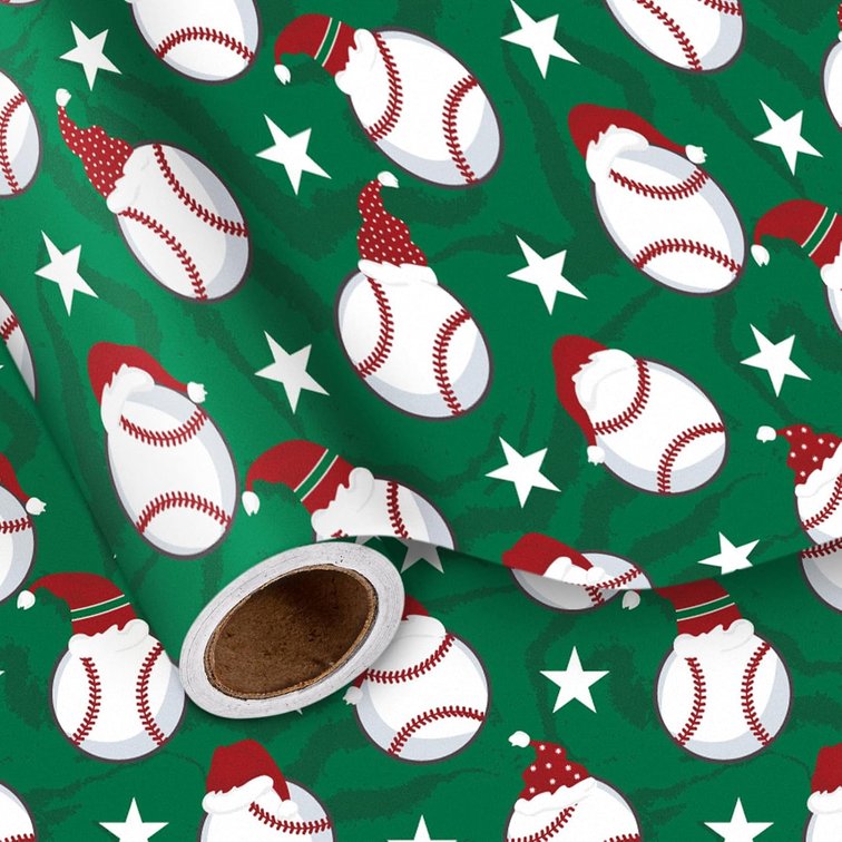 LeZakaa Baseball Wrapping Paper Roll, Baseball Christmas Gift Wrap with Santa Hat & Star Design, Sports Theme for Holiday, Boys Birthday, Fathers Day & Party, Mini Roll 17 in x 16.4 ft