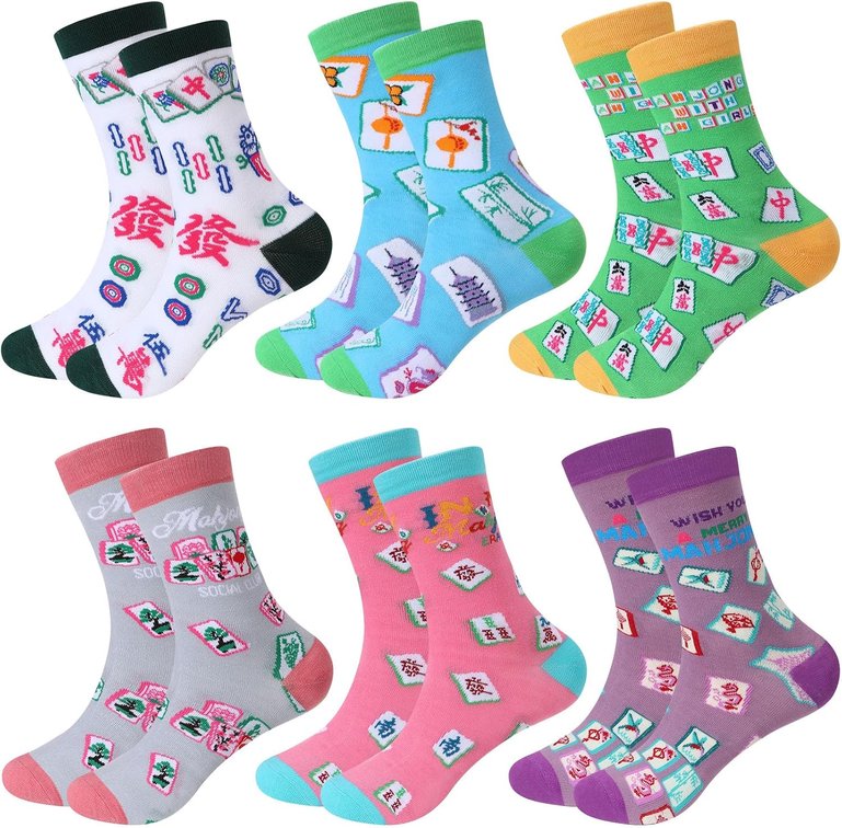 Newcotte 6 Pairs Fruit/Mahjong/Food Socks Gifts Bulk for Women Cotton Crew Knit Socks Funny Birthday Gifts for Men Women(Mahjong)