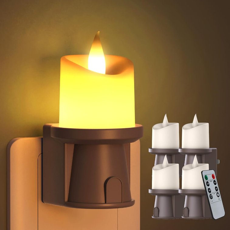 2-in-1 Plug in Night Light (4 Pack) - Dual Mode: Dusk to Dawn Sensor OR Remote Timer - Dimmable Electric Candle Wall Sconce for Farmhouse Decor (Bronze)